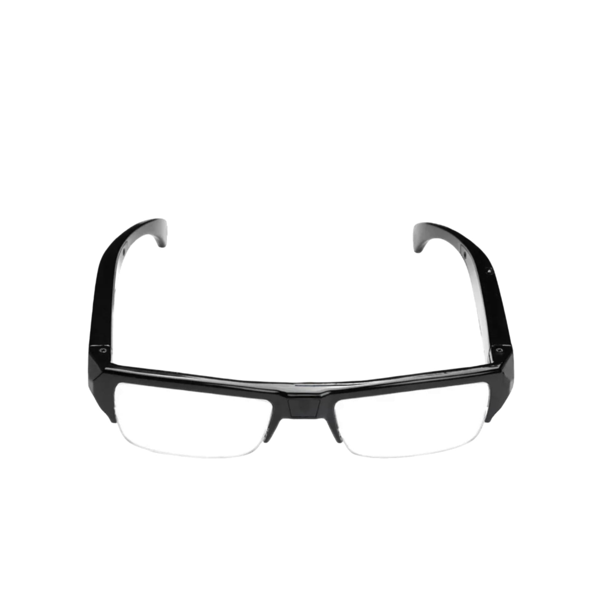 Black eyeglasses with text 'Up to 2 Hours Battery' on a white background