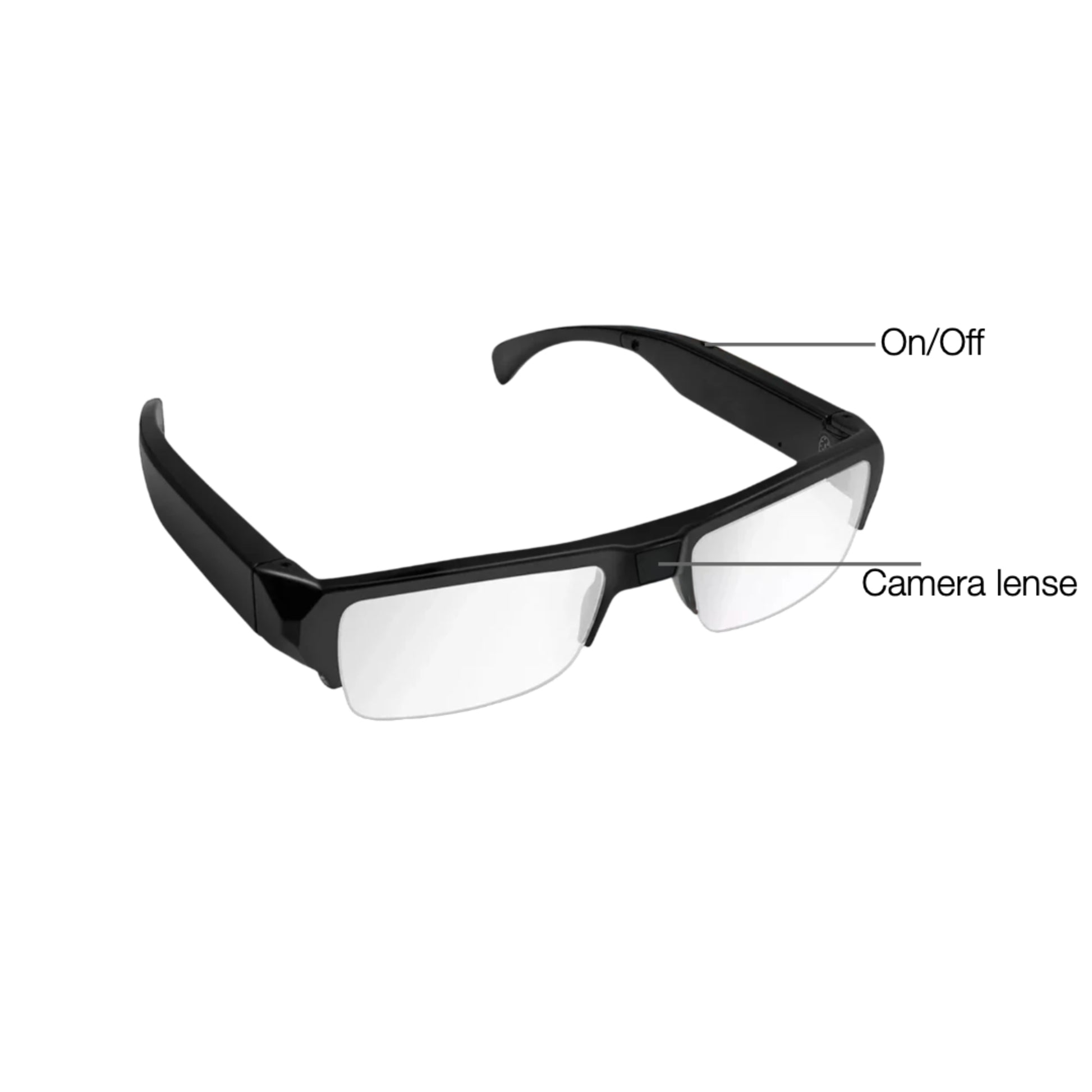 Black glasses with labeled camera lens and on/off switch on a white background