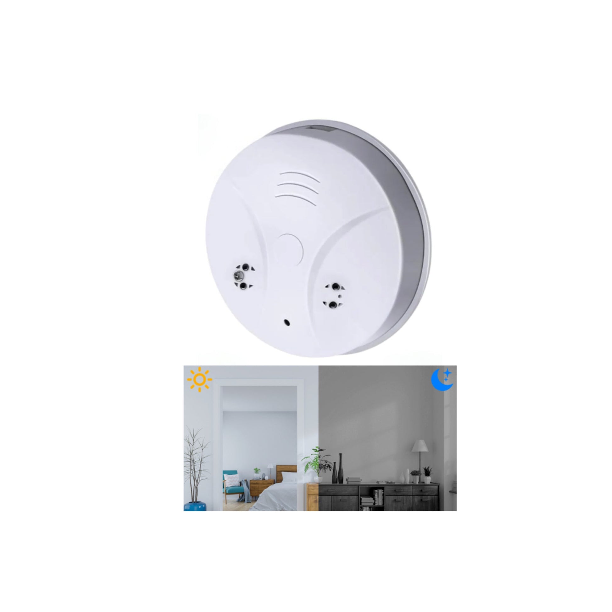 White smoke detector with night vision feature on a white background