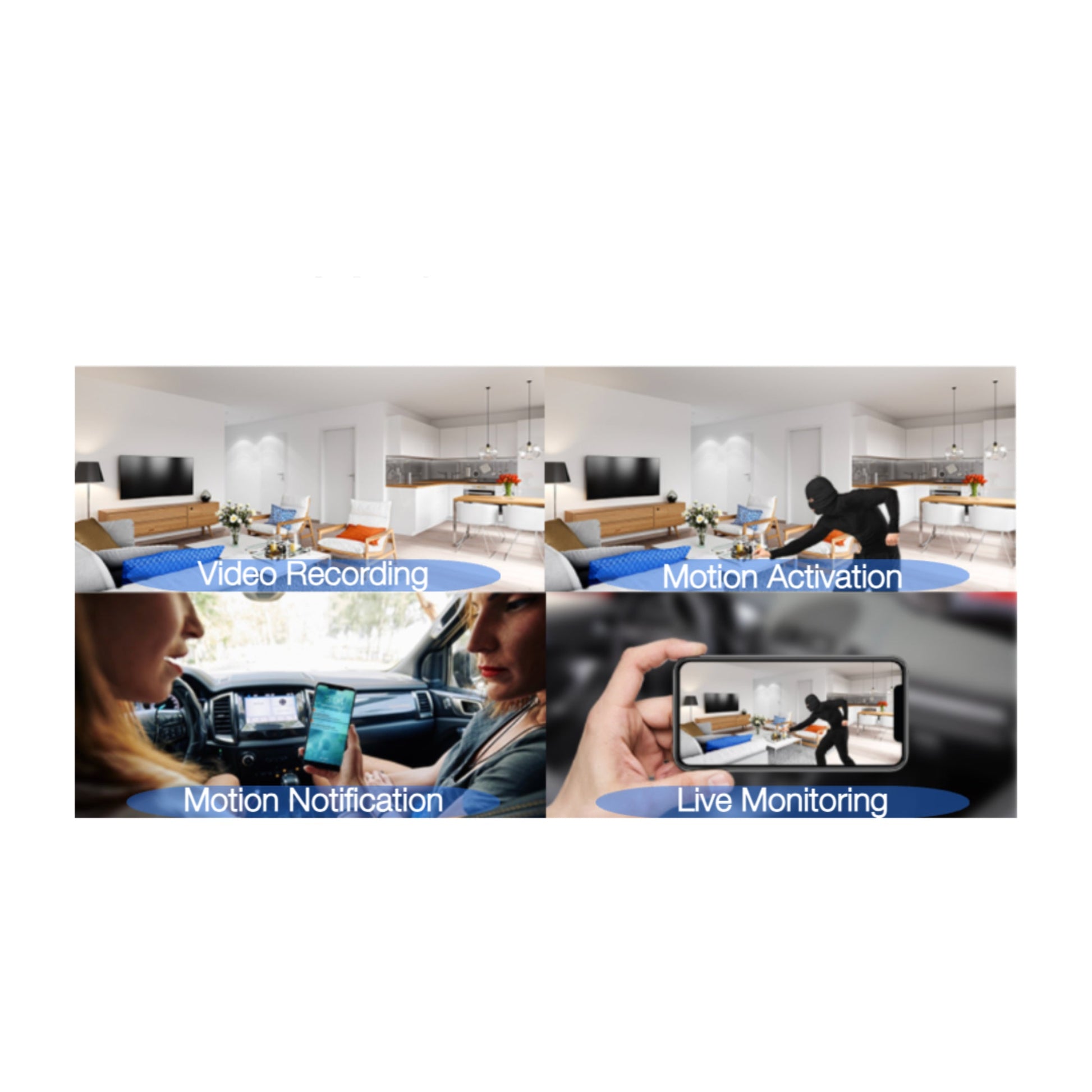 Collage of a living room with motion detection features labeled, including video recording, motion activation, motion notification, and live monitoring.