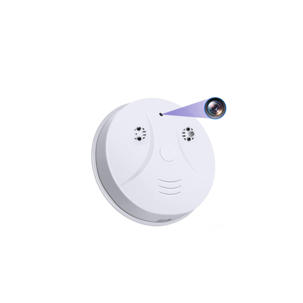 White smoke detector with a small camera on a white background, labeled '1080p Quality'.