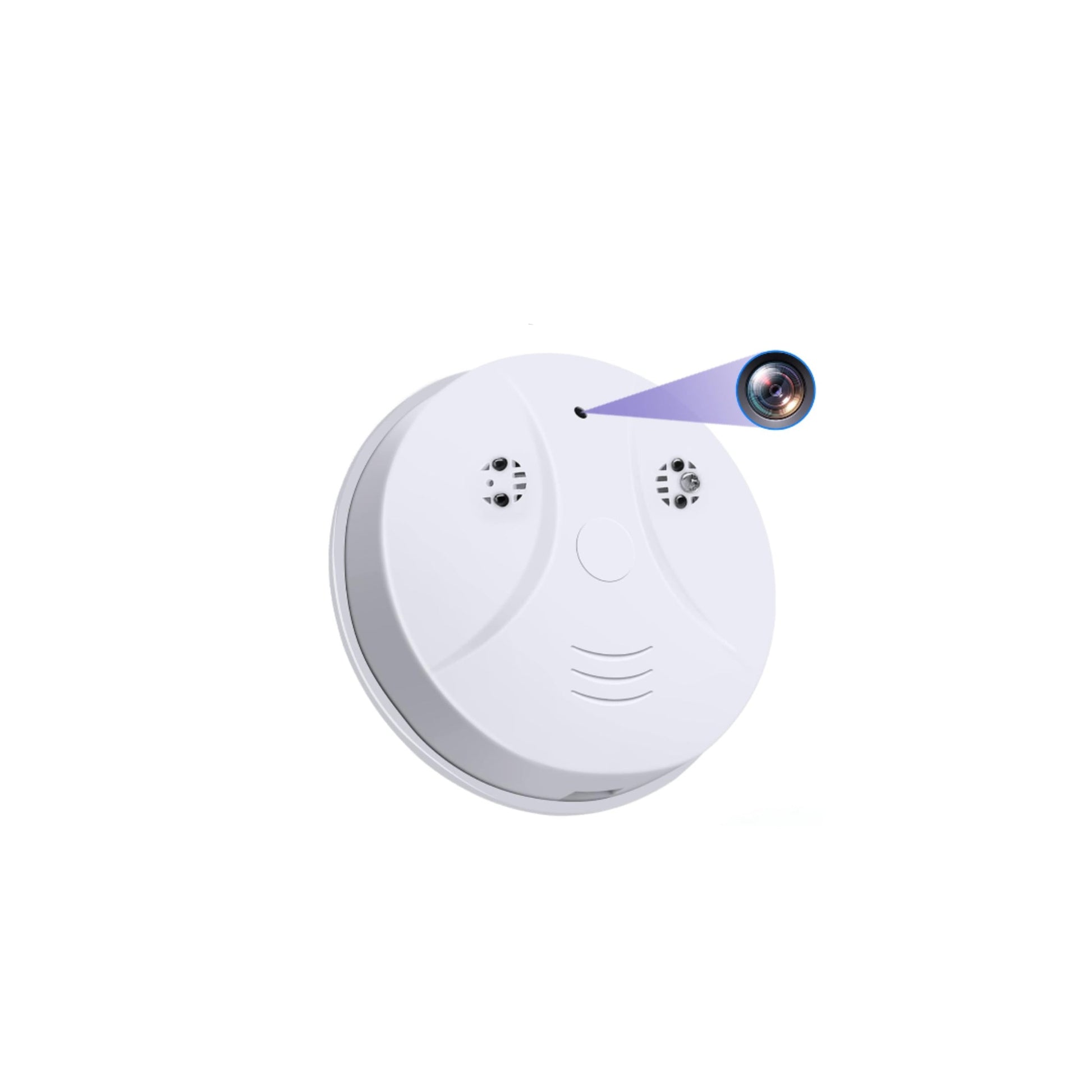 White smoke detector with a small camera on a white background, labeled '1080p Quality'.