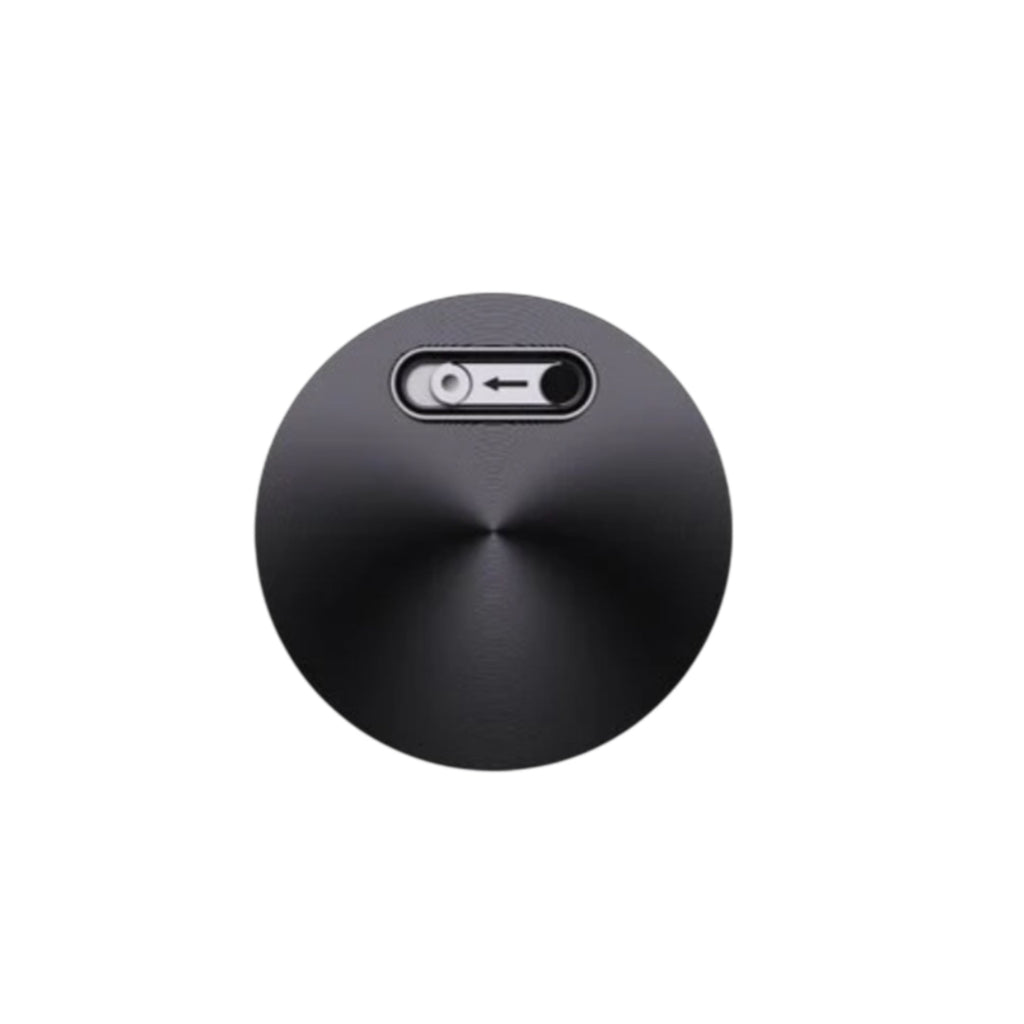 Black round device with voice activation text on a white background