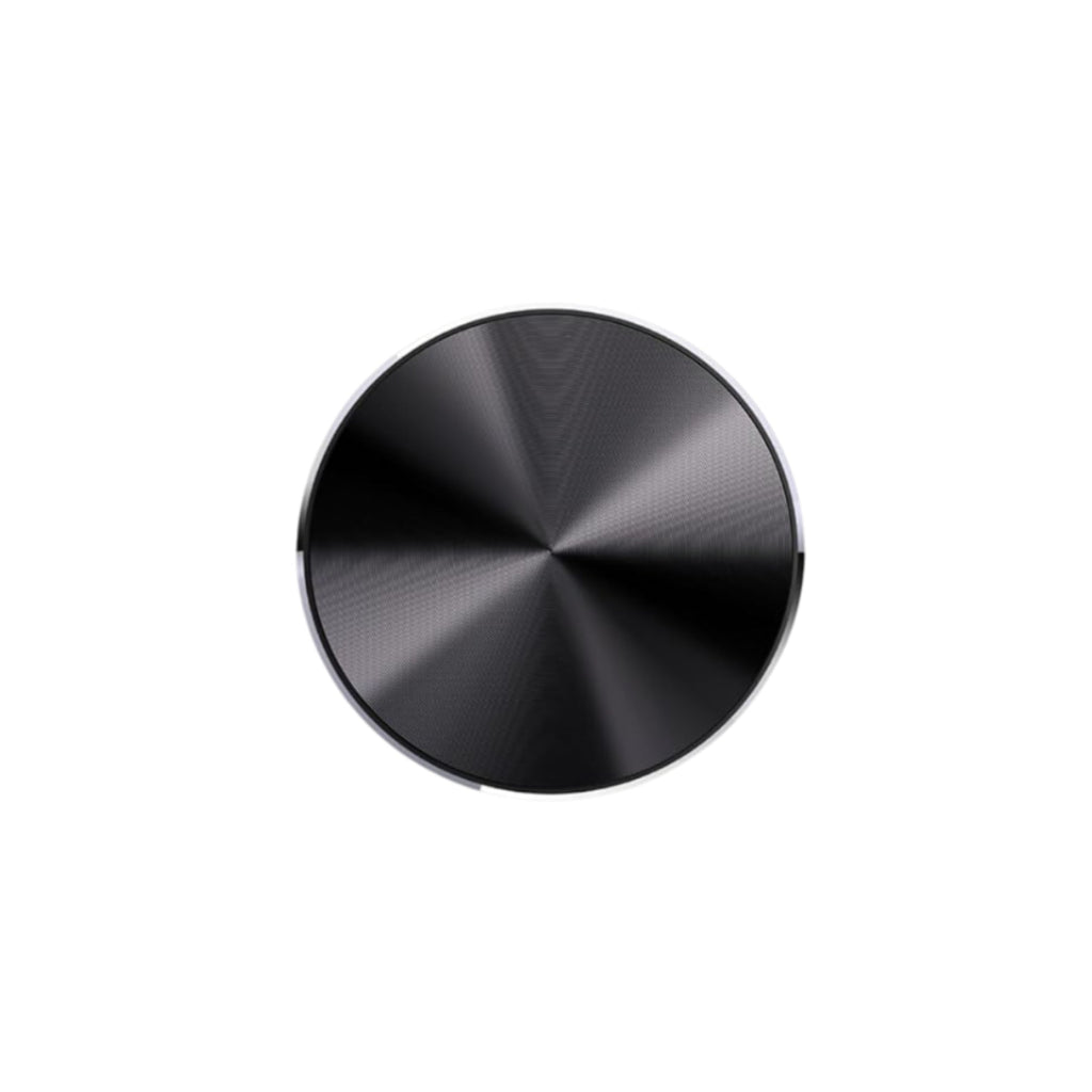 Black circular object with 'One Click Recording' text on a white background