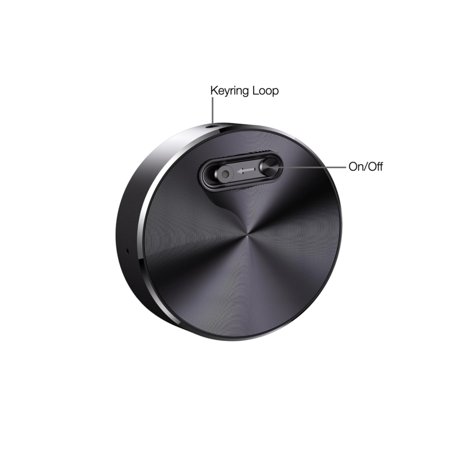 Black circular device with keyring loop and on/off switch labeled on a white background