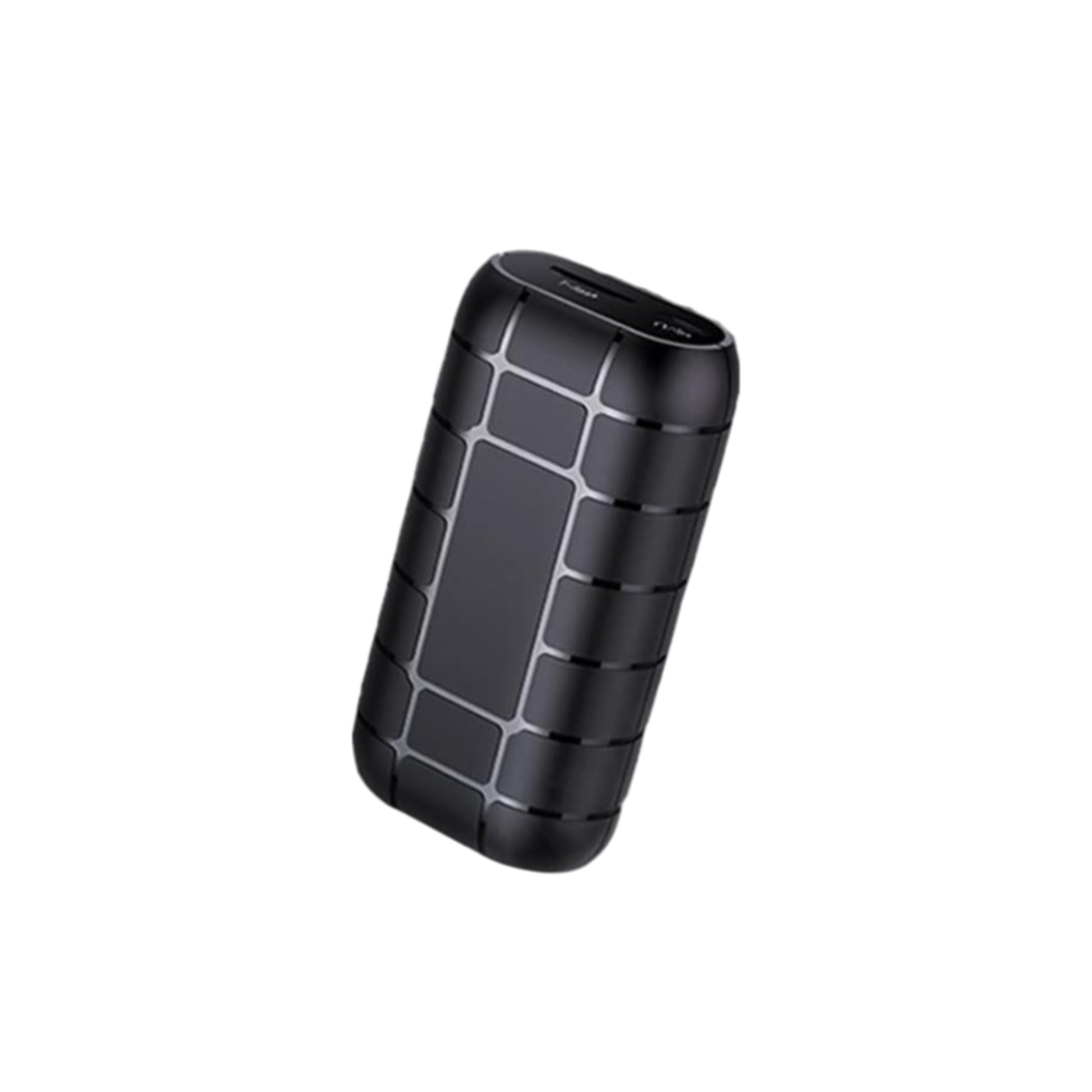 Black power bank with textured design on a white background