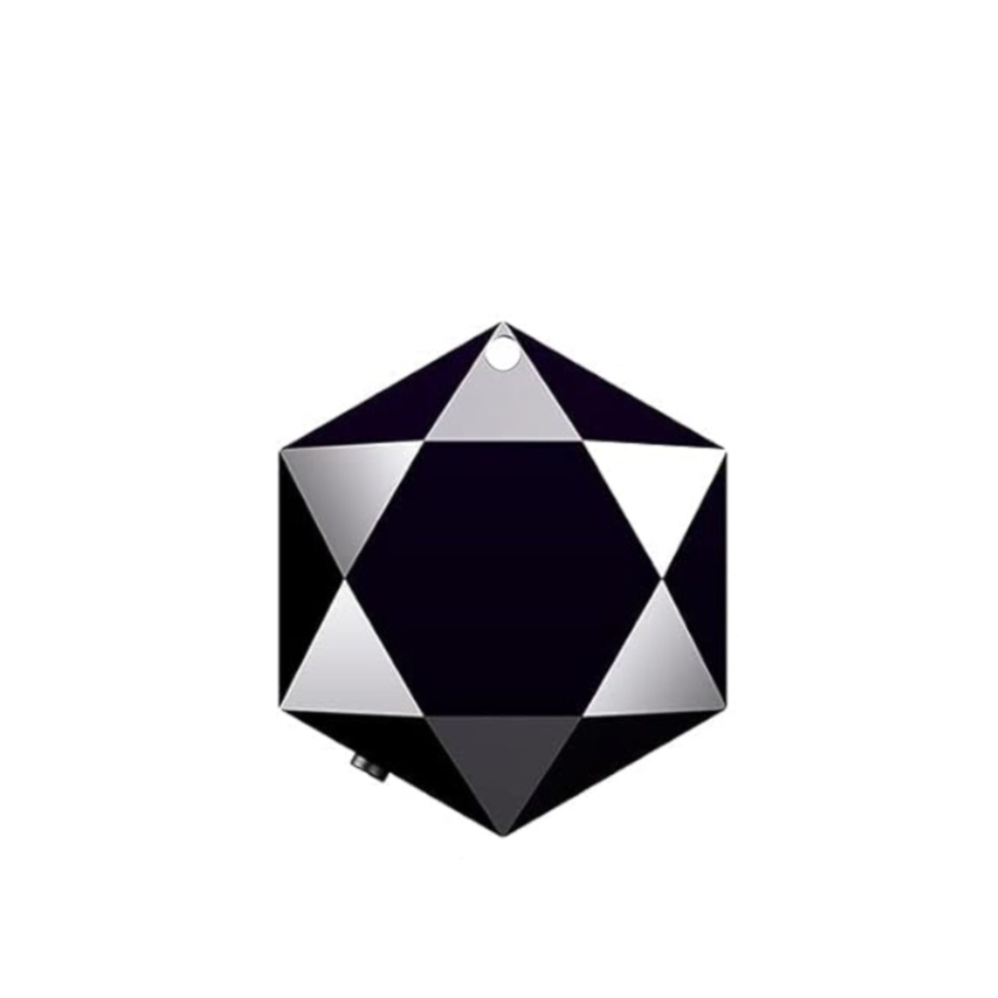 Hexagonal device with black and silver design on a white background, featuring text 'Up To 30 Hours Battery'.