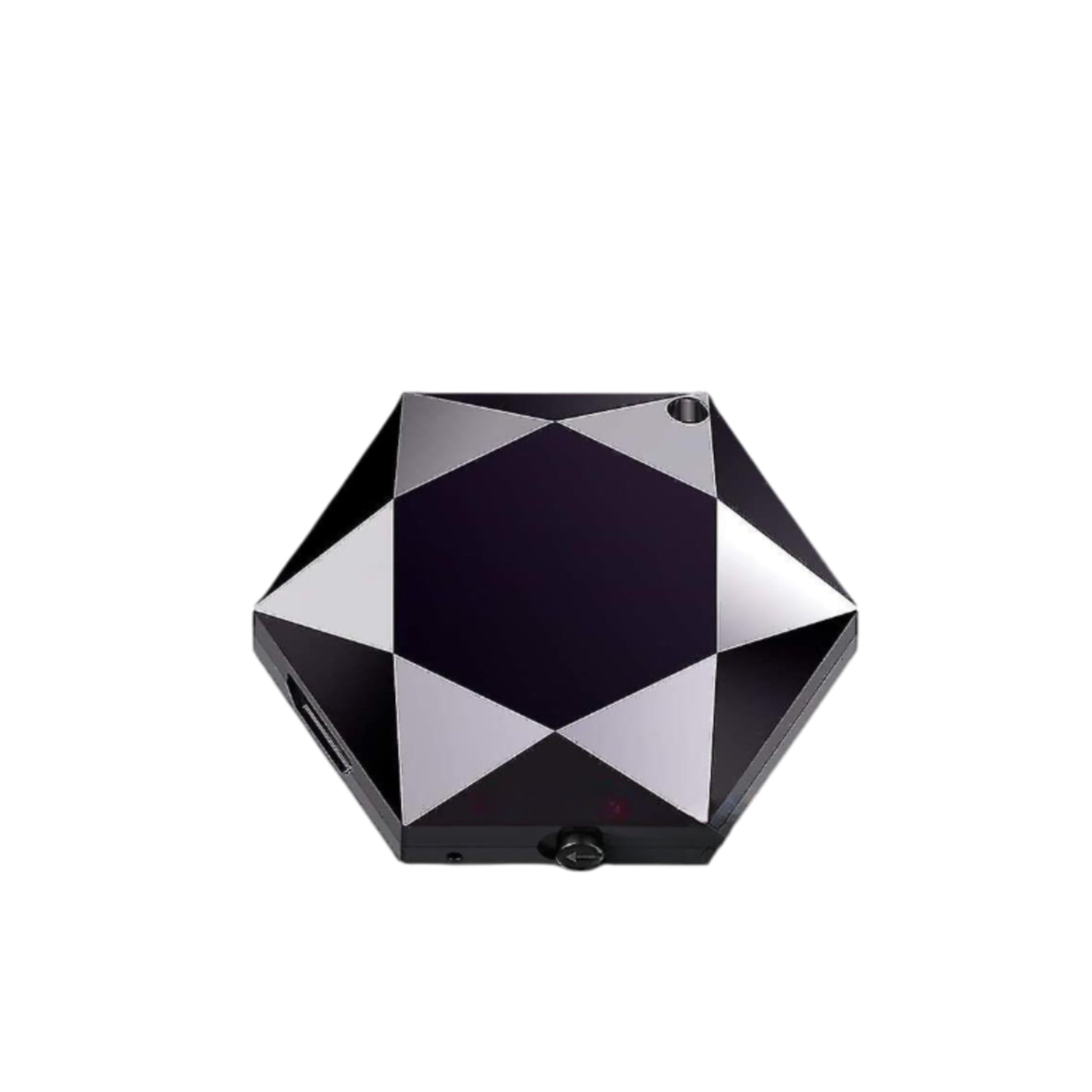 Hexagonal device with geometric pattern on a white background, labeled 'One Click Recording'.