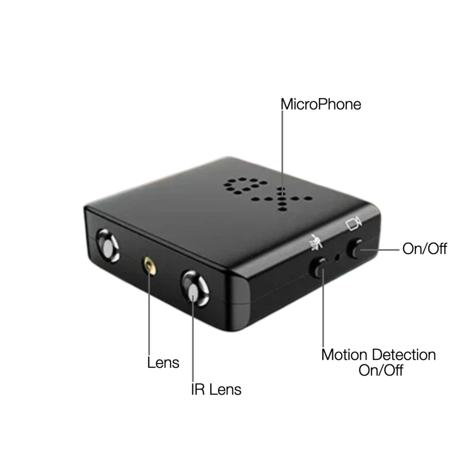 Black electronic device with labeled components on a white background