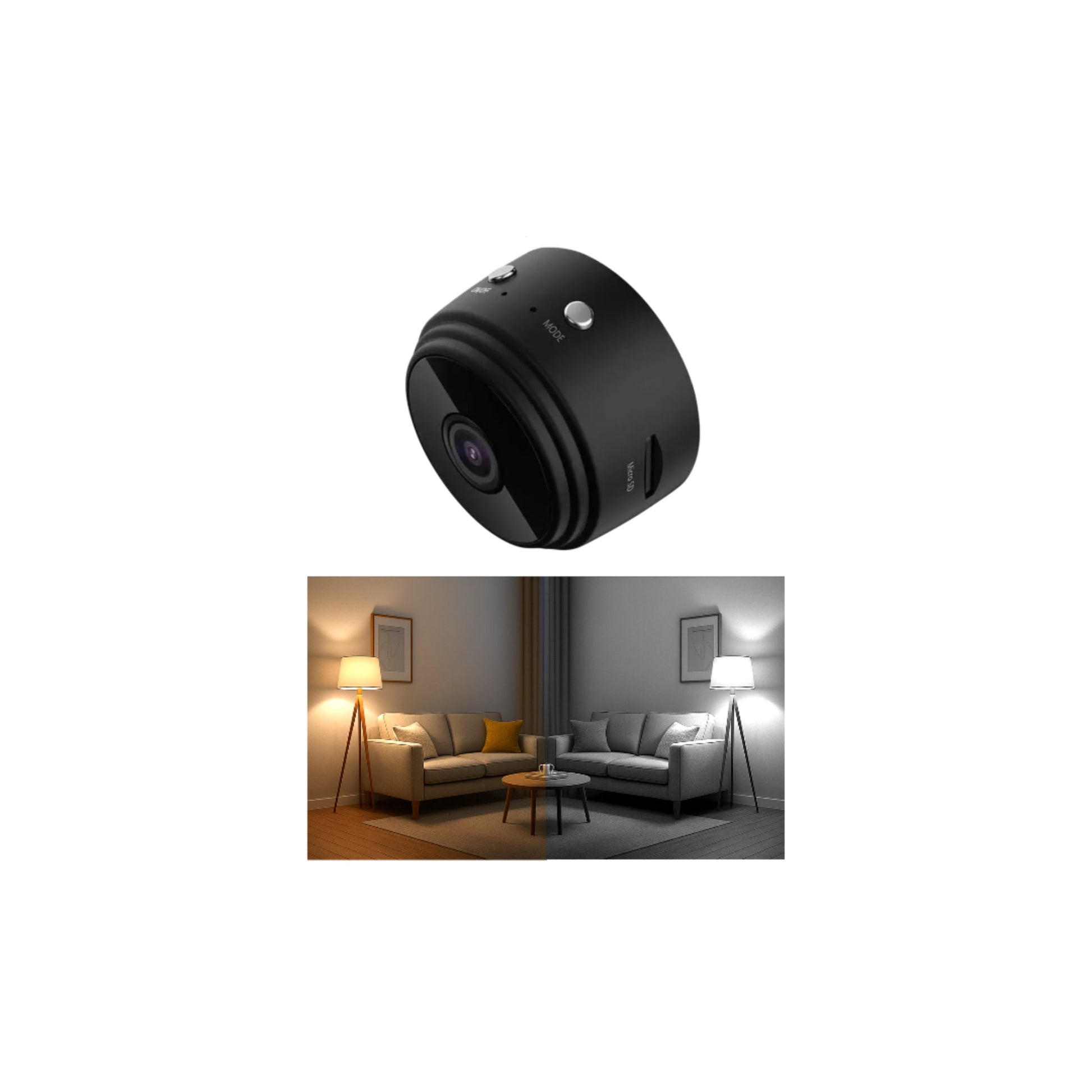Small black camera with night vision feature displayed on a white background.