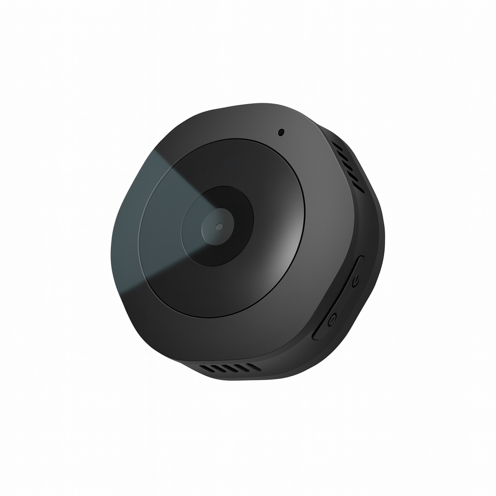 Black round camera on a white background