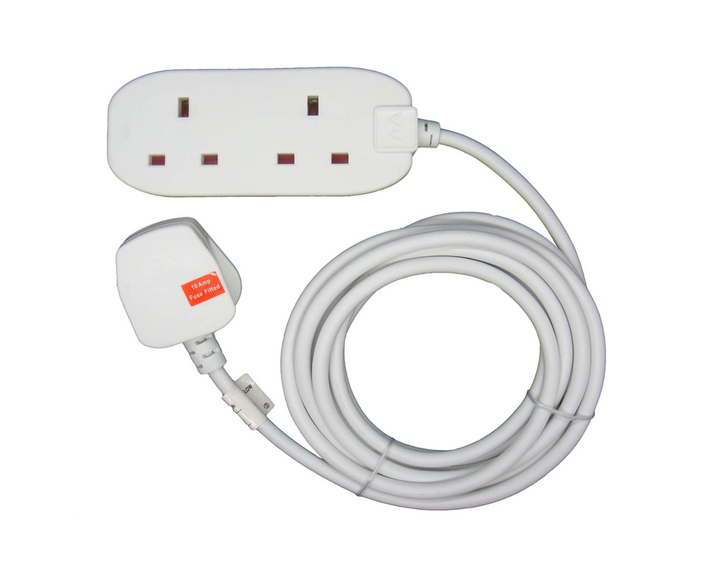 GSM audio monitor extension lead 3m UK 2 gang power strip with sound activated call back, white cable coiled on white background