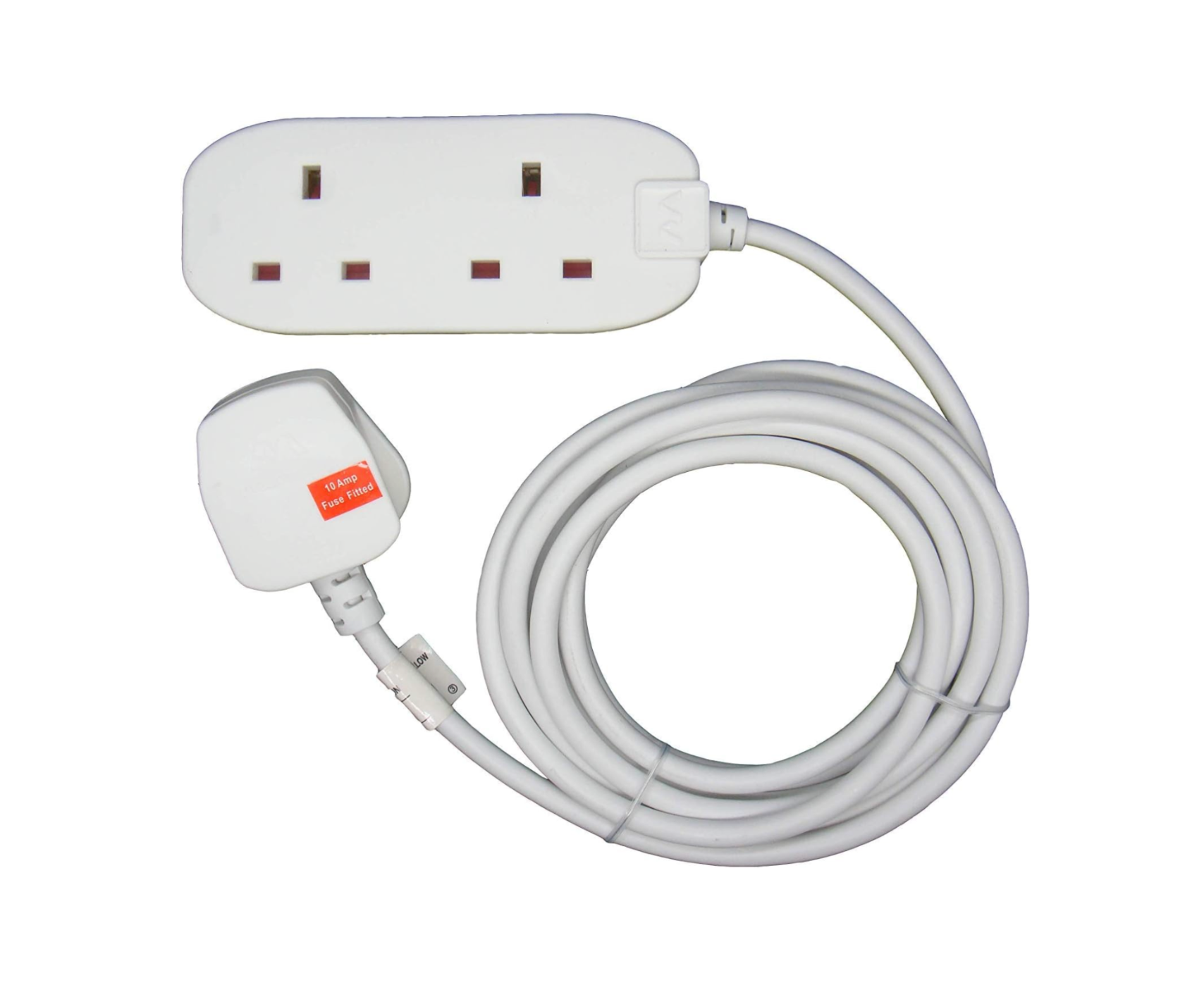 GSM audio monitor extension lead 3m UK 2 gang power strip with sound activated call back, white cable coiled on white background