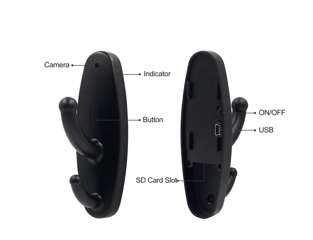 Hidden camera coat hook showing labelled components including camera lens, indicator light, control button, SD card slot, USB port, and on/off switch on a white background
