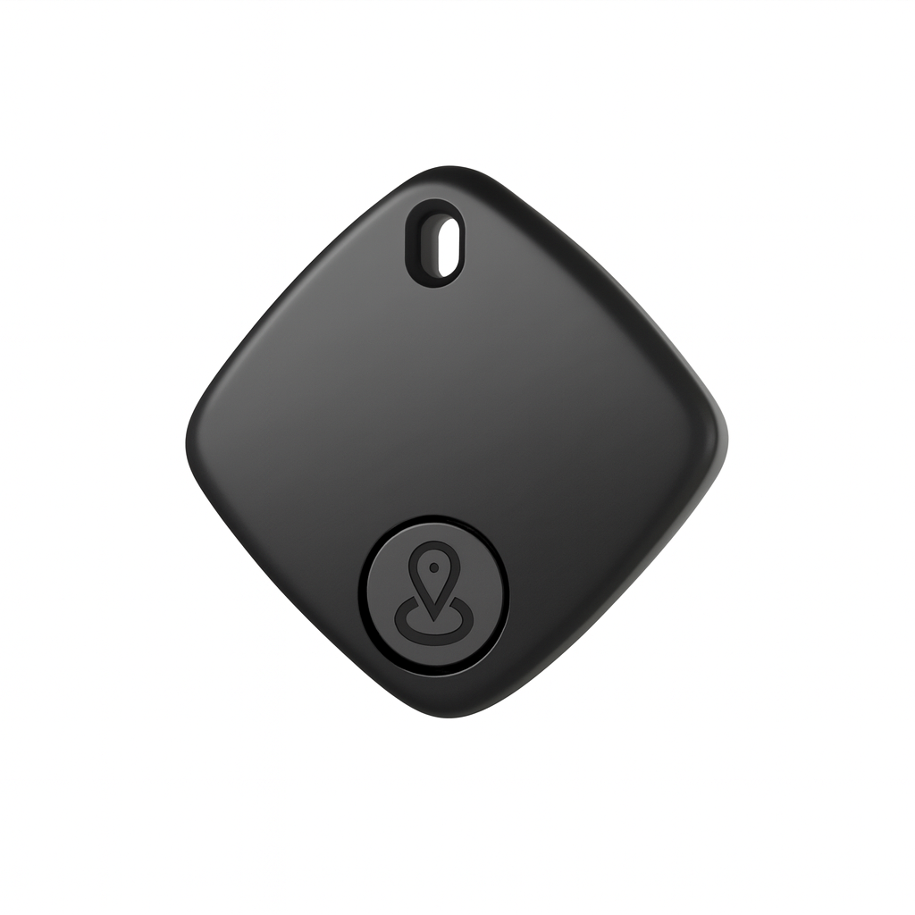 Black square-shaped device with a circular button on a white background