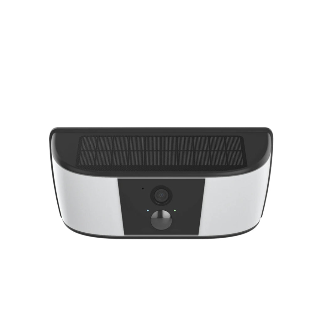 Solar-powered security camera with IP65 waterproof rating on a white background