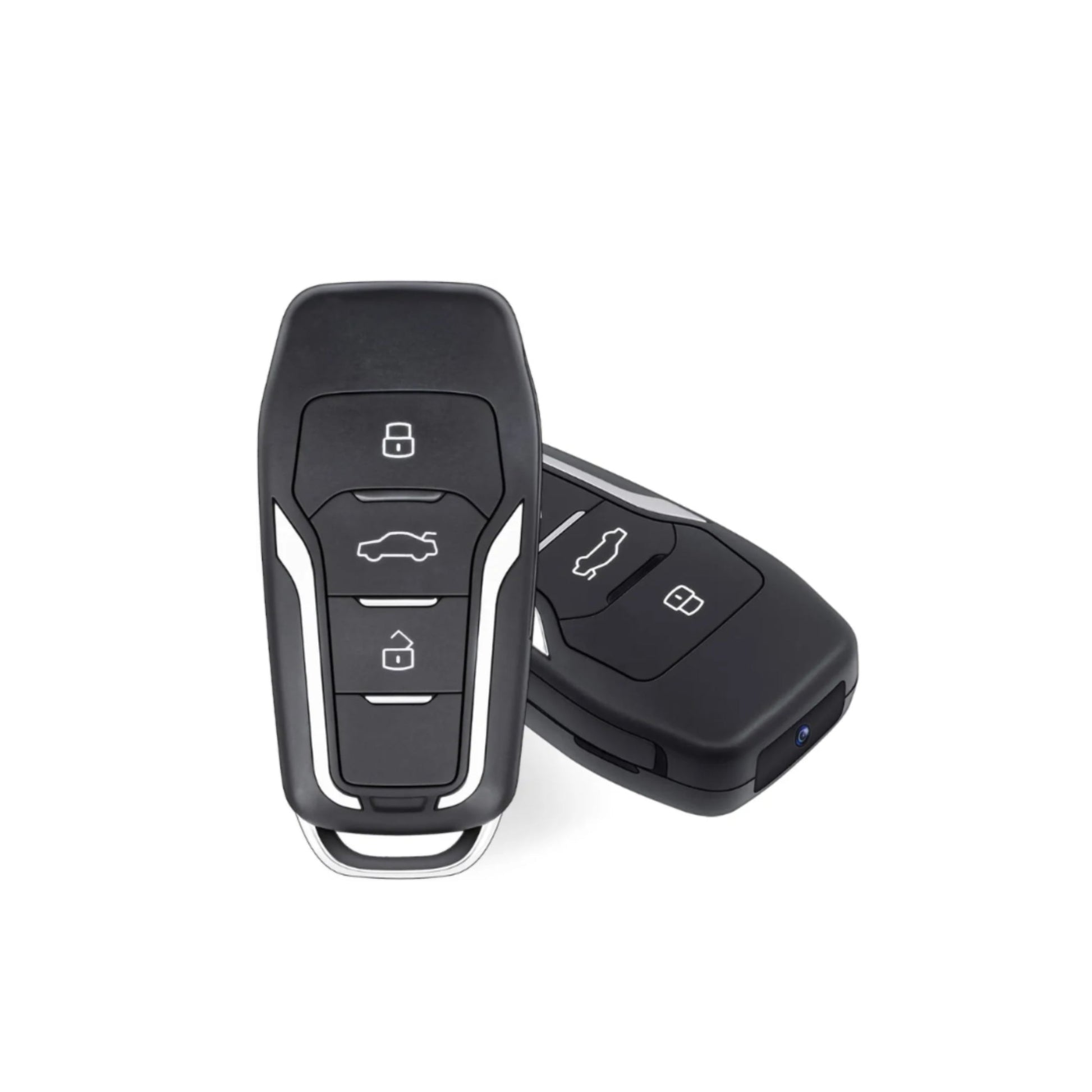 Black car key fob with buttons on a white background