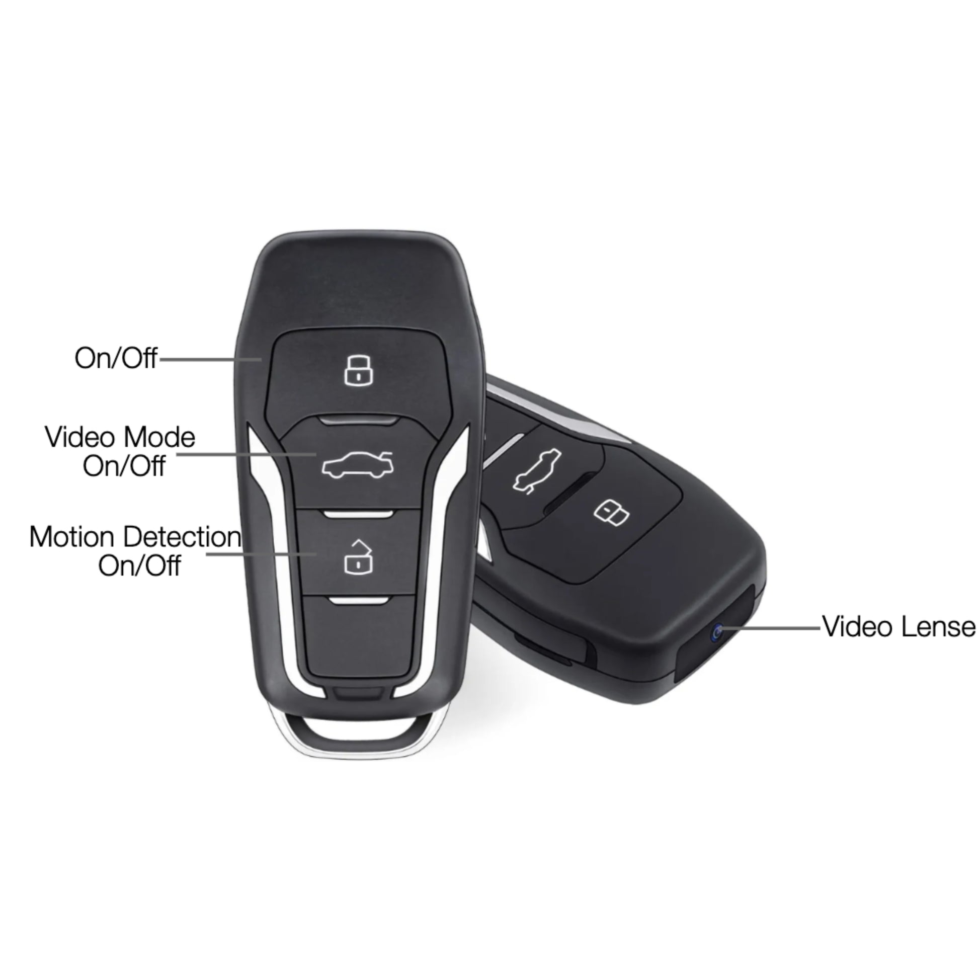 Black security key fob with labeled buttons on a white background