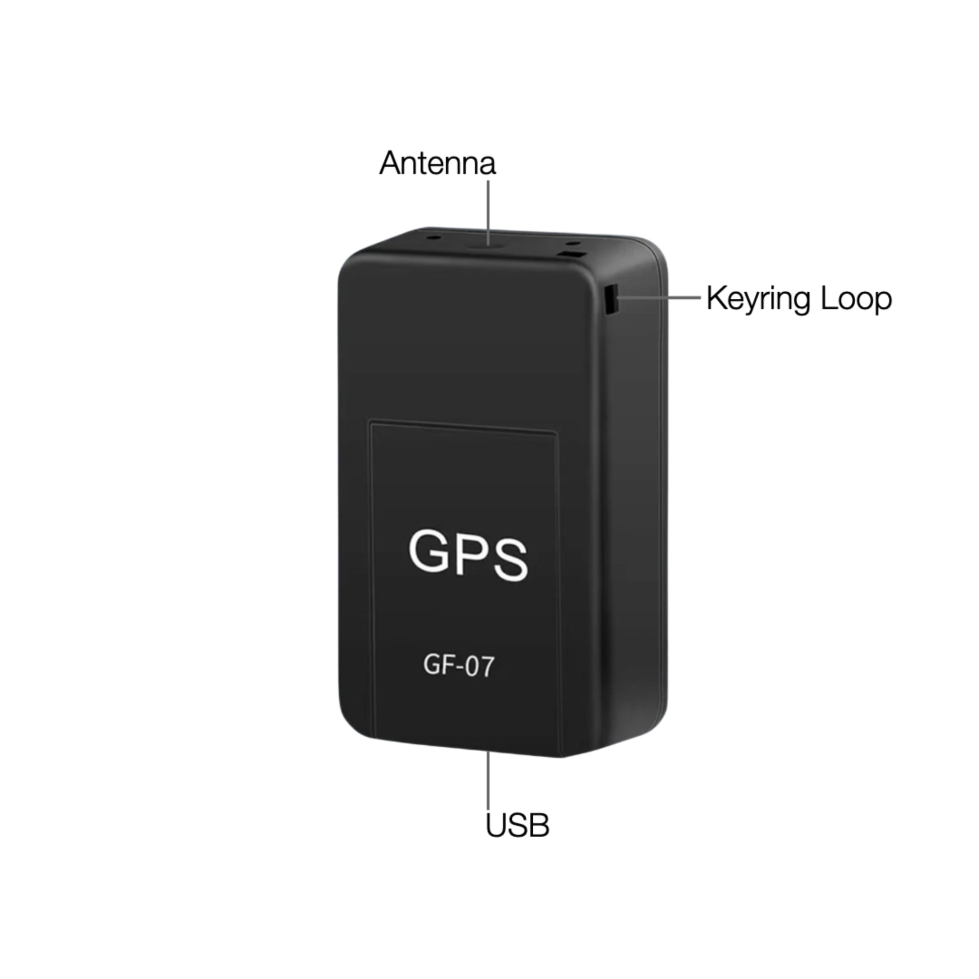 Black GPS tracker with labeled parts on a white background