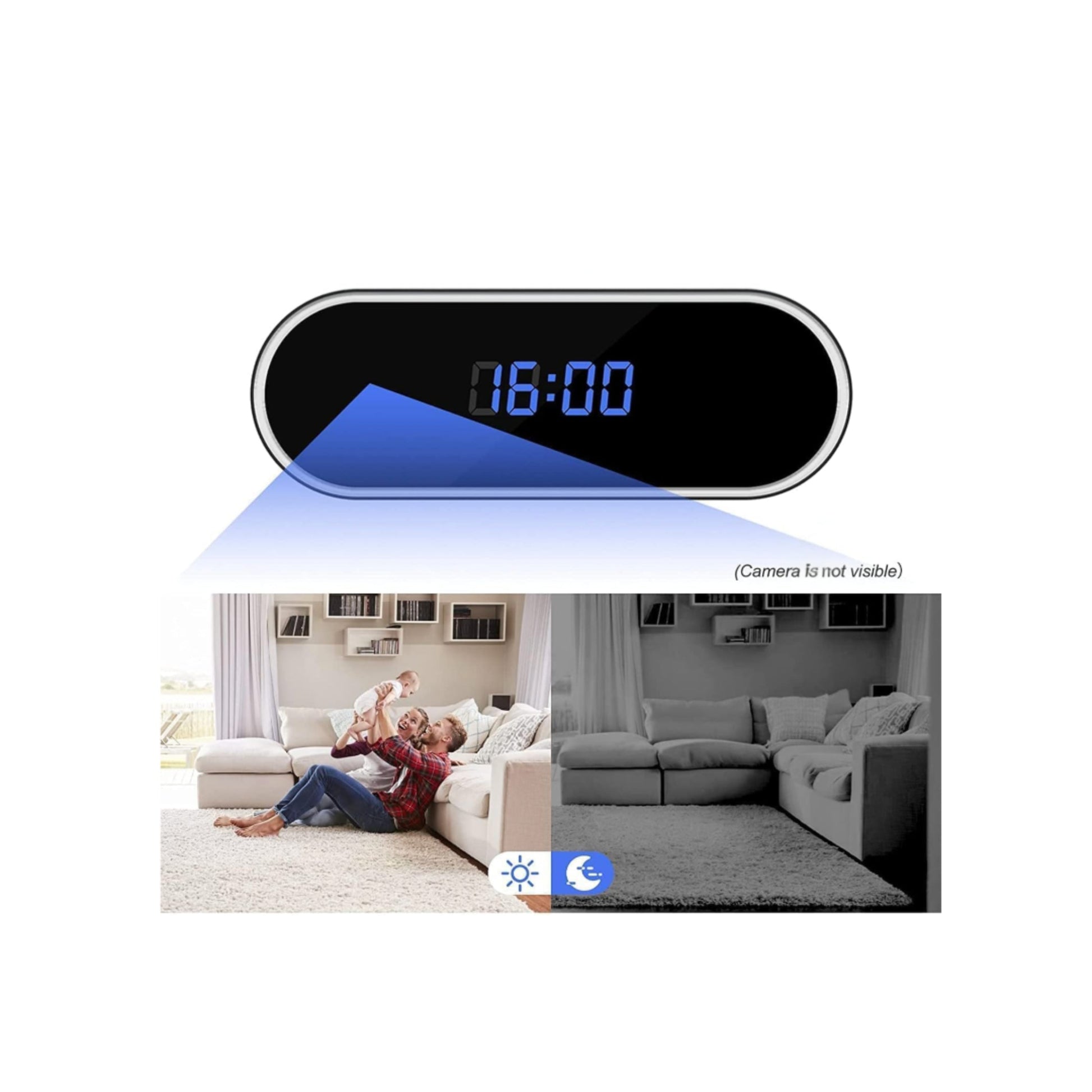 Digital clock with night vision feature displaying a living room scene.