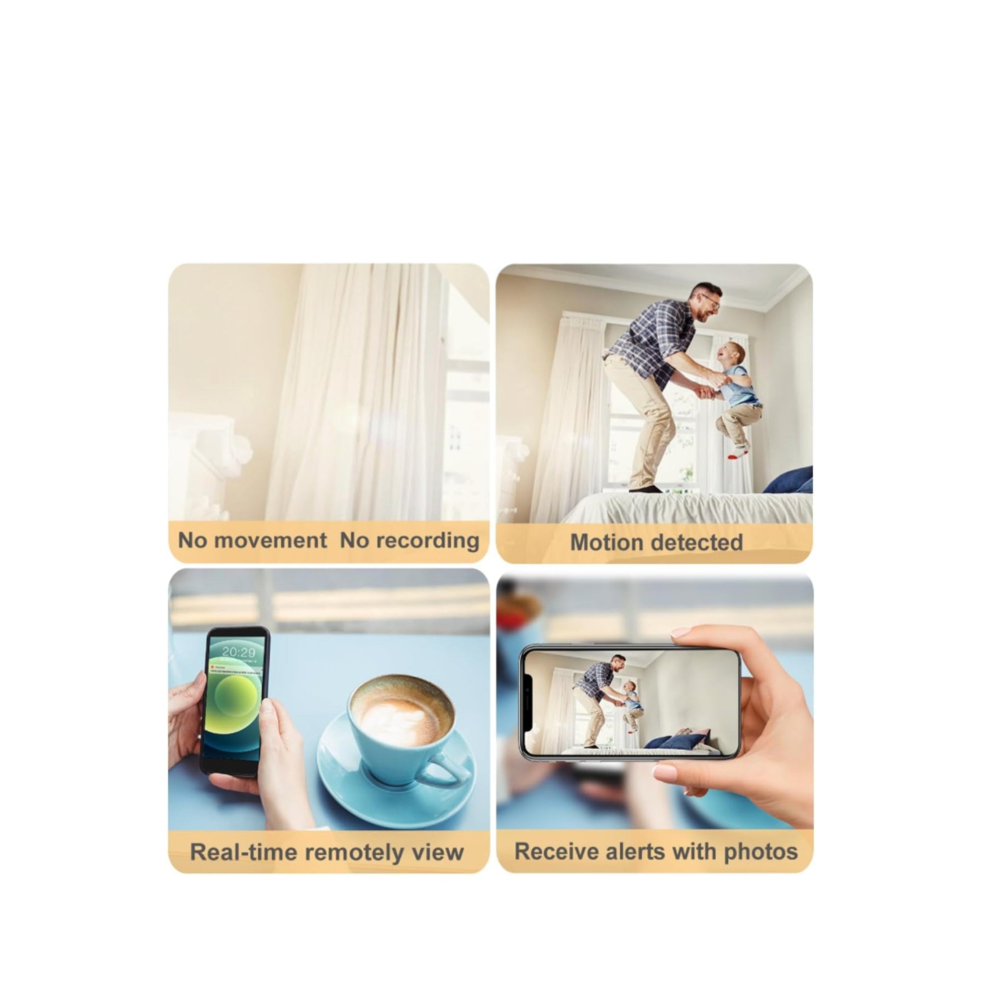 Collage of images showing motion detection features with text labels.