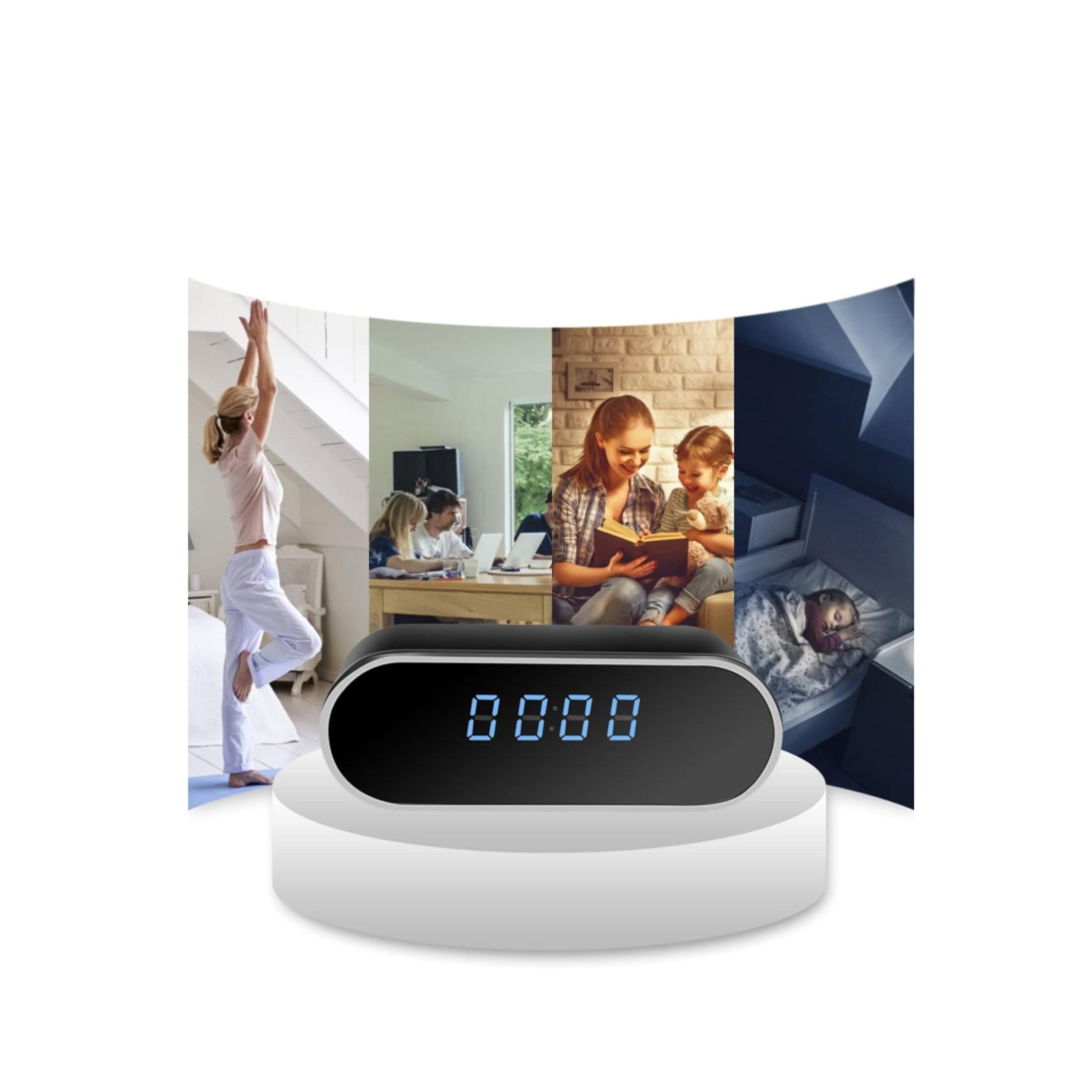 White electronic device with digital display, showing scenes of people in different settings with 'Looped Recording' text above.