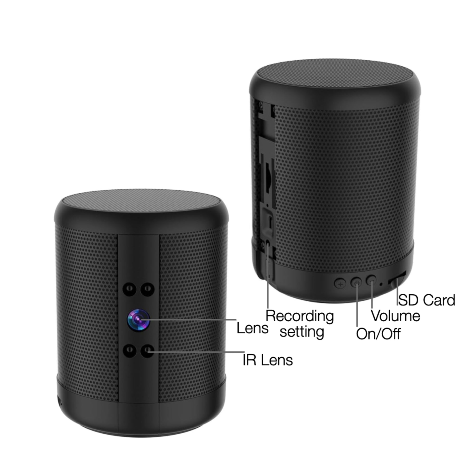 Two black cylindrical devices with labeled features on a white background