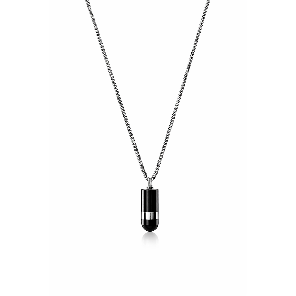 Mini digital voice recorder pendant necklace 32GB with one touch WAV audio recording, black capsule on silver chain, white background