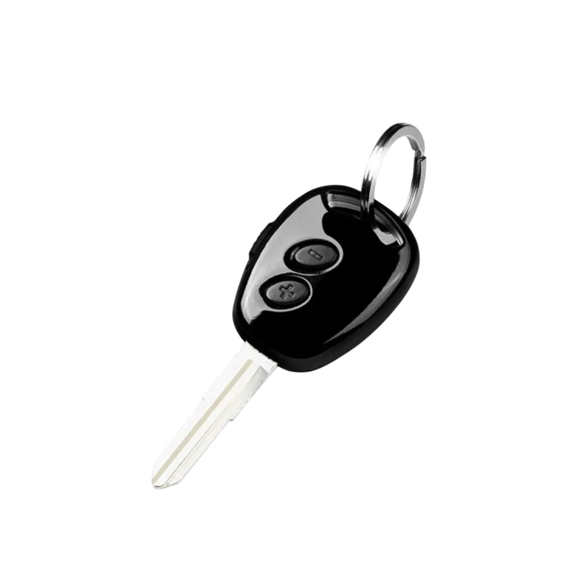 Black key fob with two buttons on a white background