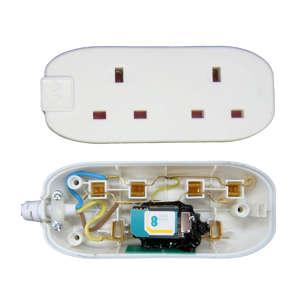 GSM audio monitor extension lead UK 2 gang power strip shown open with internal GSM module and wiring, white housing on white background