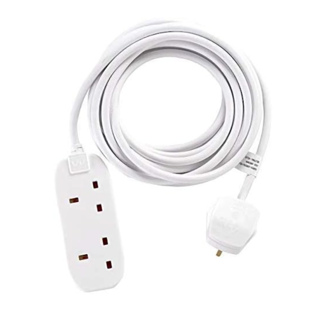 3m UK 2 gang extension lead with GSM audio monitor built in, white power strip and plug on a clean white background