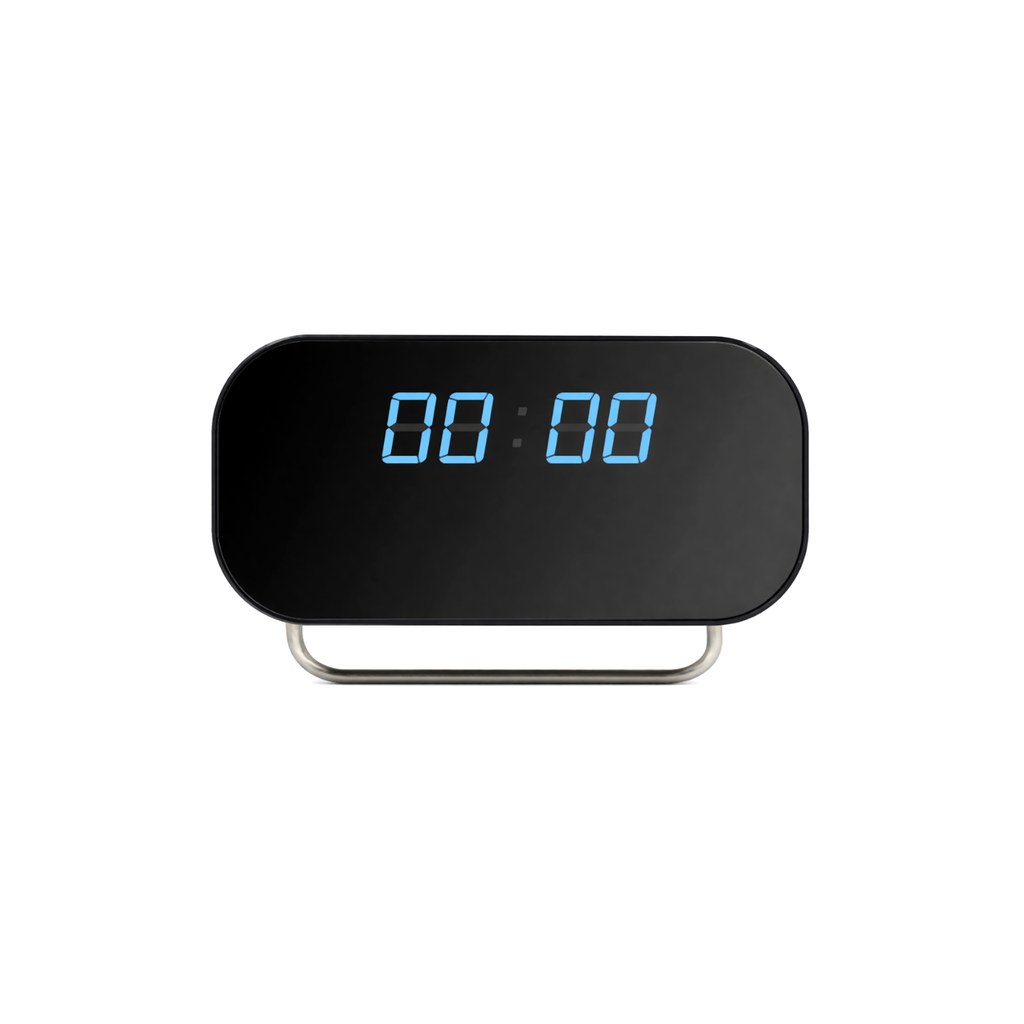 Black digital clock hidden camera with blue LED time display, WiFi 1080p indoor surveillance, night vision and motion detectio
