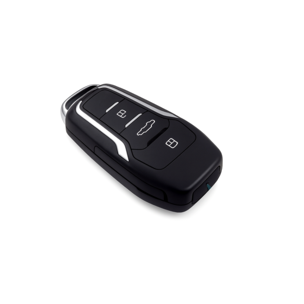 Car key spy camera 1080p hidden lens key fob with motion detection and button controls on white background